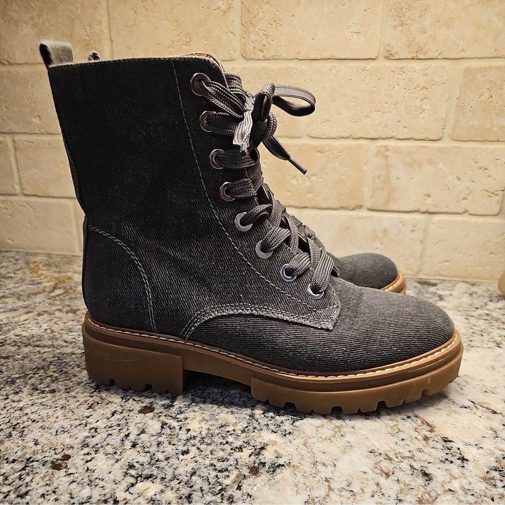 Sun Stone Womens Ankle Boots Size 8.5M Gray Denim Heavy Canvas Side Zip Lug Sole - Picture 6 of 9